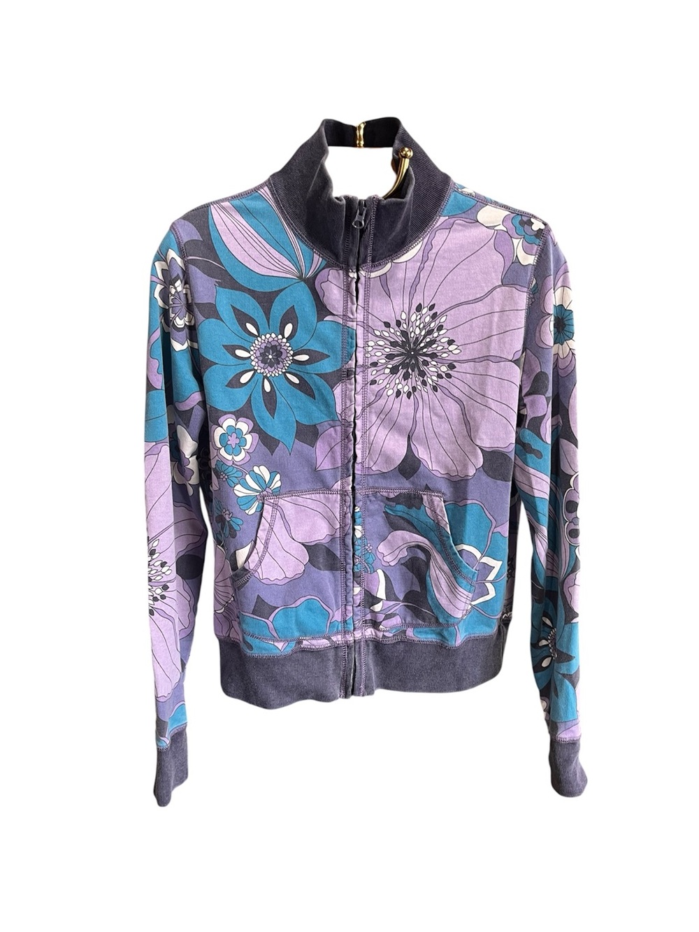 Lucky Brand Vintage Floral Zip-Front Sweater ‘Waikiki’ Embroidery Large